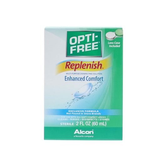 Opti-Free Replenish multi-purpose contact lens solution in a 2 fl oz bottle, designed for disinfecting and enhanced comfort.