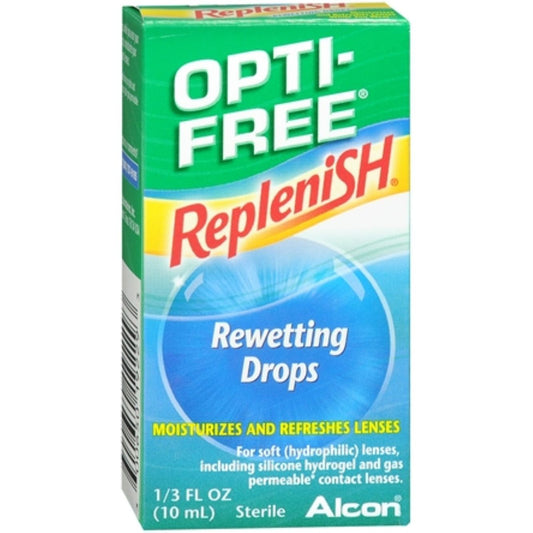 Opti-Free Replenish rewetting drops in 10 mL bottle, personal eye care solution by Pasteur Pharmacy, for lens comfort and hydration.
