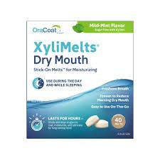 Pack of OraCoat XyliMelts Mild Mint oral adhering discs for dry mouth relief, featuring 80 disposable personal care discs.