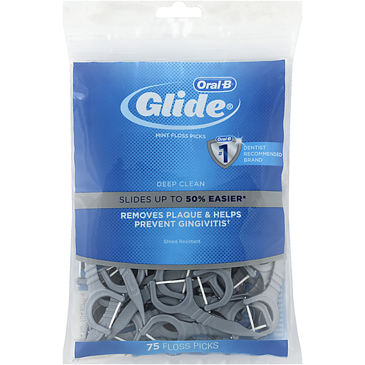 Oral B Glide Deep Clean Floss Picks in a 75-count pack, designed for effective personal dental care and plaque removal.