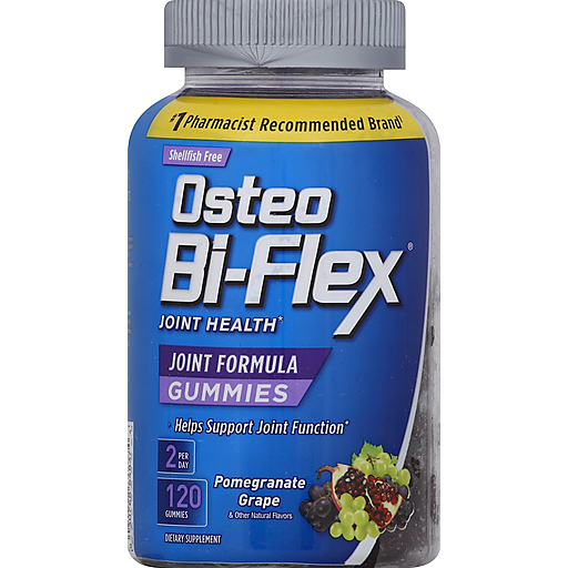 Osteo Bi-Flex joint health gummies in pomegranate and grape flavors, natural ingredients, offered by Pasteur Pharmacy.