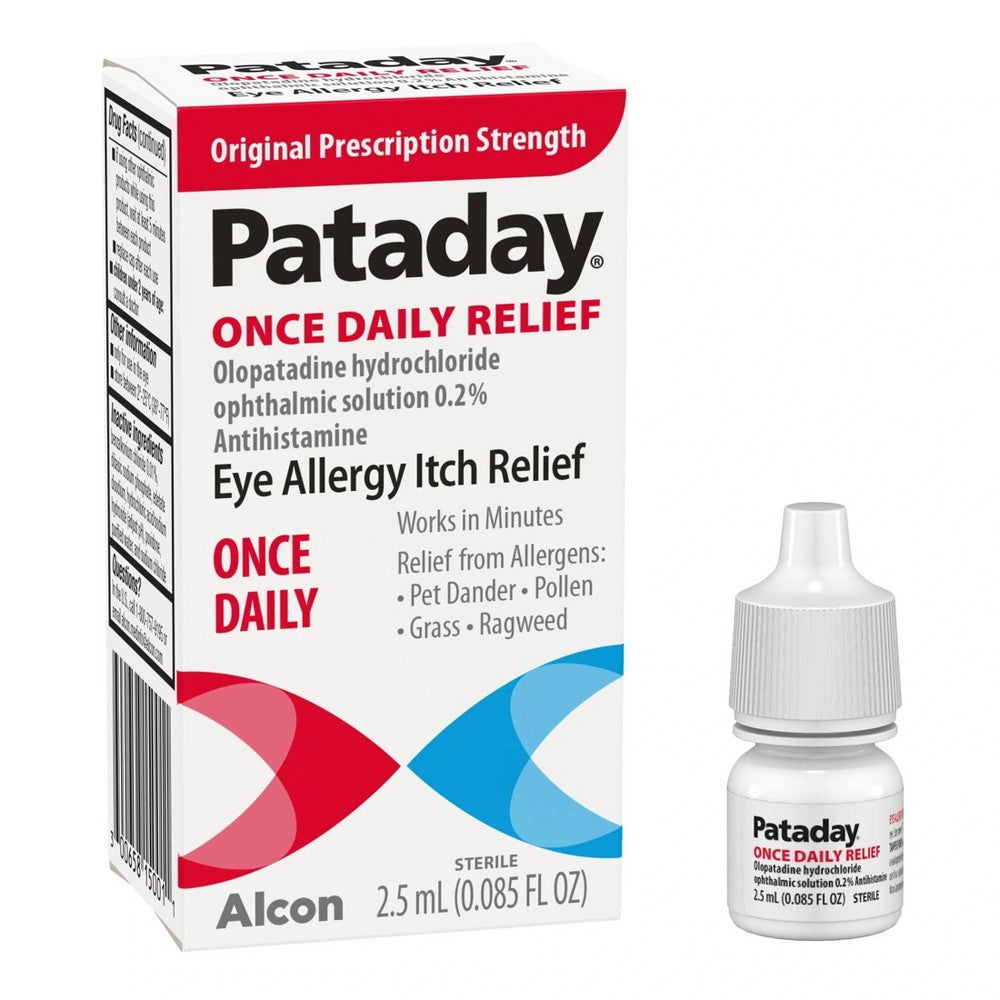 Pataday Once Daily Relief Extra Strength 0.2% eye drops in a bottle, used for allergy eye relief by Pasteur Pharmacy.