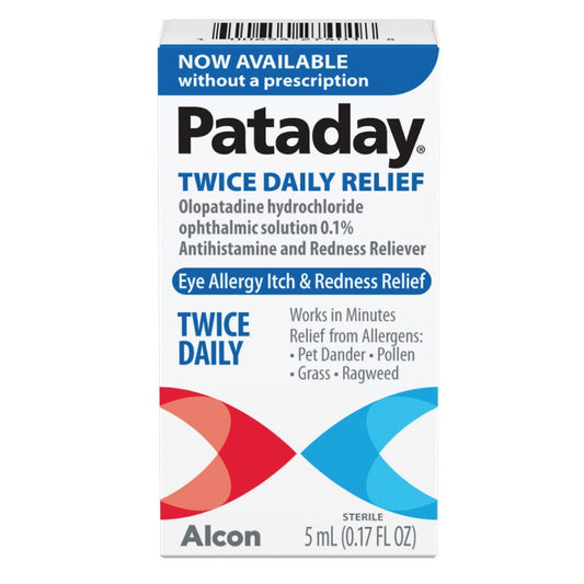 Pataday Twice Daily Eye Allergy Relief eye drops in a 0.17 fl oz bottle, designed to relieve itch and redness.