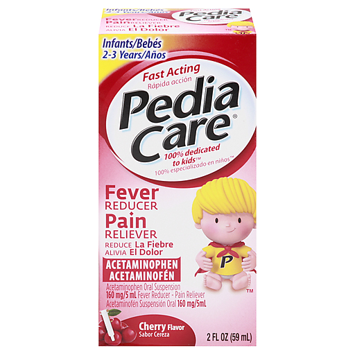 Pediacare Fever Reducer and Pain Reliever in cherry flavor, personal care product, with a box and dosing syringe.