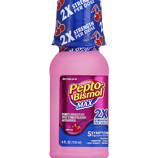 Pepto-Bismol Liquid Ultra in cherry flavor, 4 oz bottle, for nausea, heartburn, indigestion, upset stomach, and diarrhea relief.