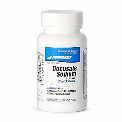 Perrigo Laxative Stool Softener Docusate Sodium softgels in a bottle, used for gentle relief of constipation in personal care.