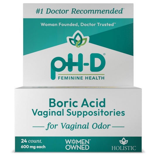 pH-D Feminine Health Boric Acid Vaginal Suppositories by Pasteur Pharmacy, 24 count, personal care product for feminine health.