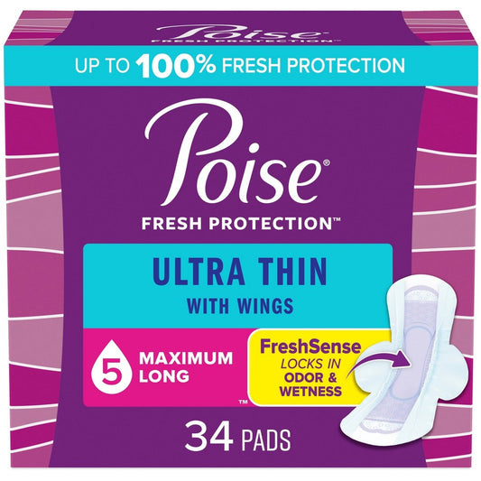 Poise Ultra Thin Pads with Wings for maximum absorbency, personal care product by Pasteur Pharmacy, shown in package.