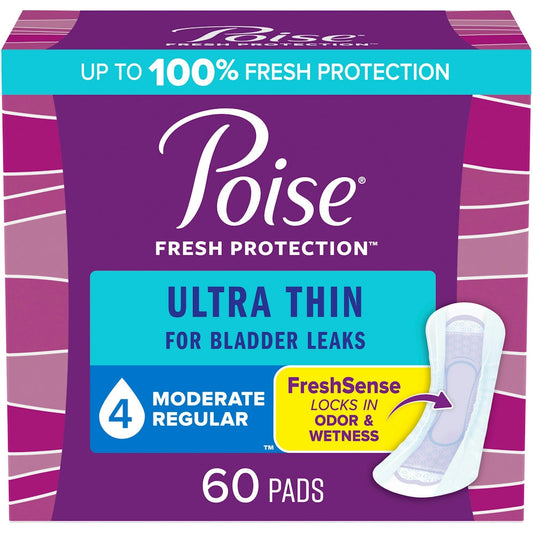 Poise Ultra Thin Postpartum Incontinence Pads by Pasteur Pharmacy, moderate absorbency, regular length, shown in packaging.