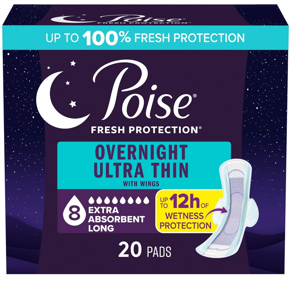Poise Ultra-Thin With Wings Overnight Pad in packaging, designed for discreet, reliable overnight feminine protection.