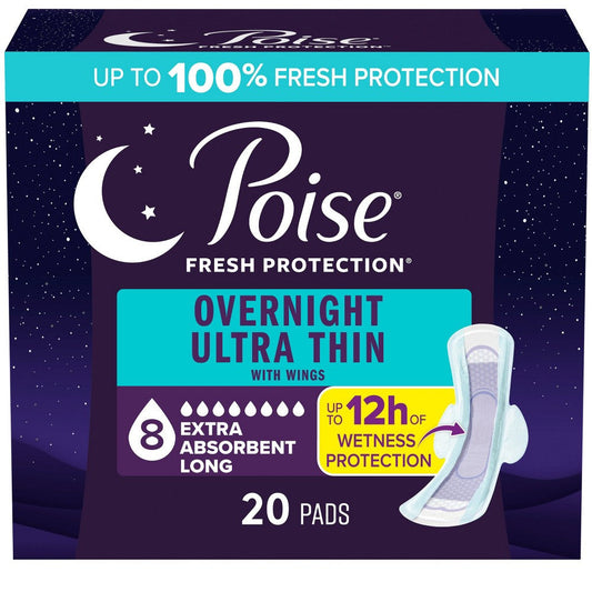 Poise Ultra-Thin With Wings Overnight Pad in packaging, designed for discreet, reliable overnight feminine protection.