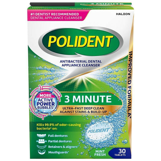 Polident Antibacterial Dental Appliance Cleanser tablets in mint fresh flavor, designed for cleaning dental appliances effectively.
