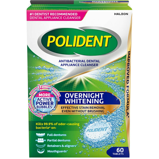 Polident antibacterial dental appliance cleanser tablets in a 60-count box, used for overnight cleaning of dental appliances.