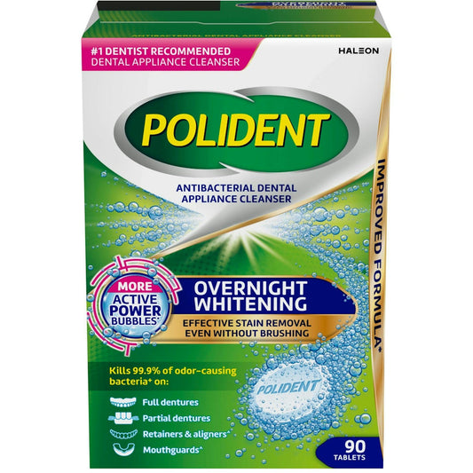 Polident Dental Appliance Cleanser tablets from Pasteur Pharmacy, antibacterial overnight whitening solution for dental appliances.