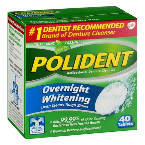 Polident Overnight Tablets for denture cleaning, shown in a clear container with packaging in the background.