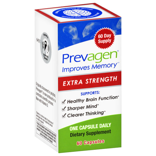 Prevagen Extra Strength brain supplement in 60 capsules, designed to support cognitive health and memory function.