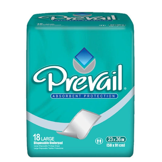 Large disposable Prevail underpads with fluffy surface, designed for personal care use by Pasteur Pharmacy.