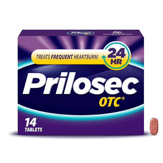 Prilosec OTC 24-hour acid reducer for frequent heartburn relief, in box, part of personal care products by Pasteur Pharmacy.