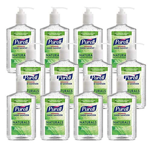 Purell Naturals Advanced Hand Sanitizer Gel in 12 oz pump bottle, with skin conditioners and essential oils, on a countertop.