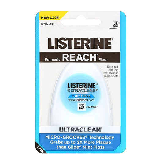Reach Listerine Ultraclean Mint Dental Floss, 30 yards, personal care product, in a package with mint-flavored dental floss.