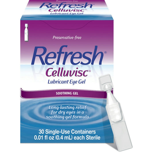 Refresh Celluvisc Lubricant Soothing Eye Gel from Pasteur Pharmacy, 30-pack, soothing and hydrating eye care product.