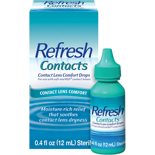 Refresh Contacts Contact Lens Comfort Drops in 0.4 fl oz bottle, soothing eye drops for contact lens wearers.