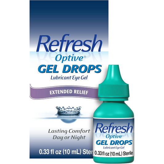Refresh Lubricant Eye Gel and Gel Drops by Pasteur Pharmacy, 0.33 fl oz, for extended eye moisture therapy.