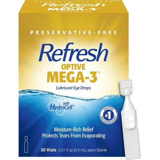 Refresh Optive Mega3 eye drops by Pasteur Pharmacy in 30x0.4ml vials for dry eye relief and eye comfort.