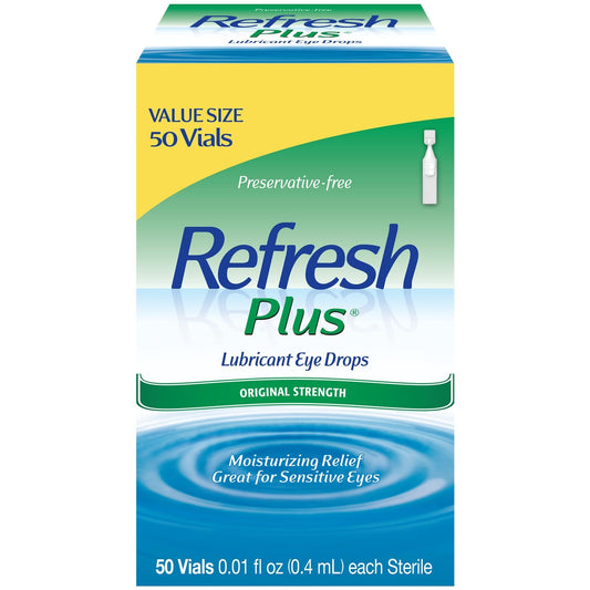 Refresh Plus Lubricant Eye Drops in preservative-free single-use containers, designed for soothing and moisturizing eye care.
