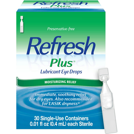 Refresh Plus Moisturizing Relief Lubricant Eye Drops in 30 small containers, providing soothing eye hydration.