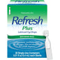Refresh Plus Moisturizing Relief Lubricant Eye Drops in 30 small containers, providing soothing eye hydration.