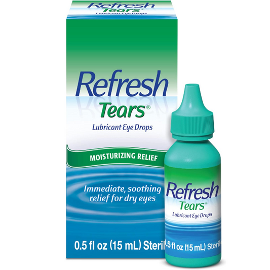 Refresh Tears moisturizing relief eye drops by Pasteur Pharmacy in a 0.5 fl oz bottle, designed to soothe and lubricate dry eyes.