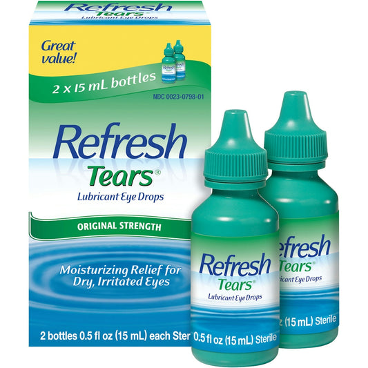 Two bottles of Pasteur Pharmacy Refresh Tears moisturizing relief lubricant eye drops, 0.5 fl oz each, for dry, irritated eyes.