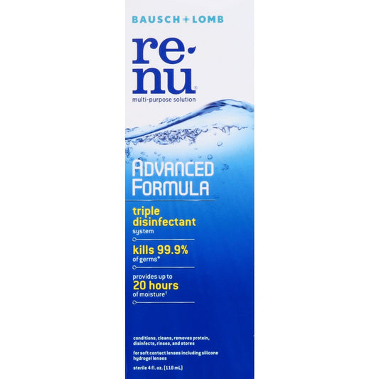ReNu Multi Purpose Solution advanced formula in a 4 fl oz bottle, suitable for contact lens cleaning and disinfection.