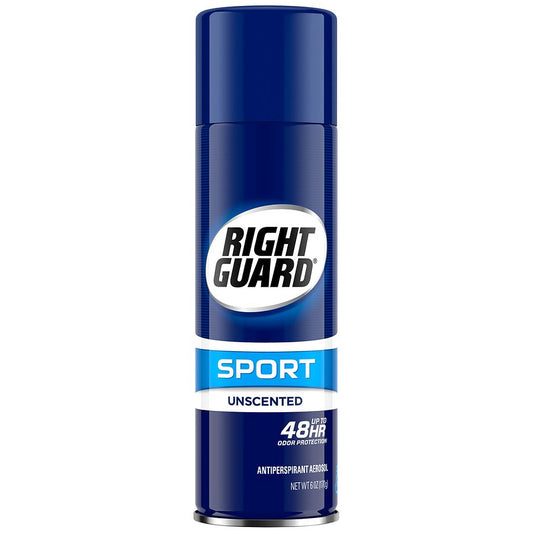 Right Guard Sport 4-in-1 Unscented Aerosol Antiperspirant and Deodorant in a 6 oz spray can, personal care product.