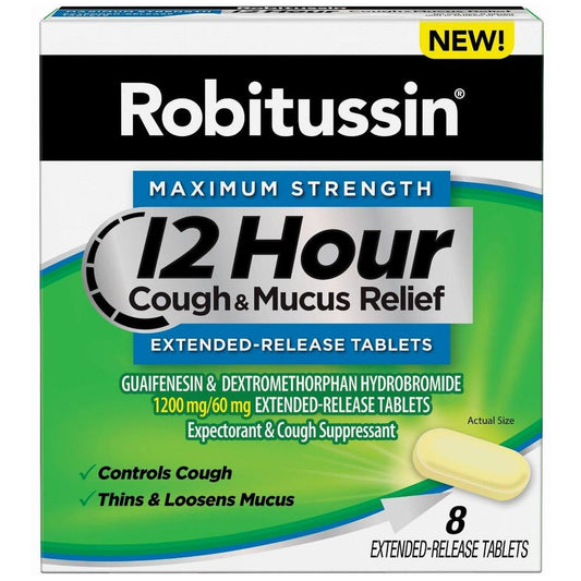 Robitussin Maximum Strength 12 Hour Cough and Mucus Relief Tablets in blister pack, personal care product by Pasteur Pharmacy