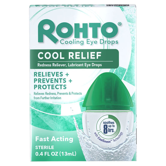 Rohto Cool Relief Eye Drops 0.4 fl oz in a small bottle, designed to soothe and refresh irritated eyes.