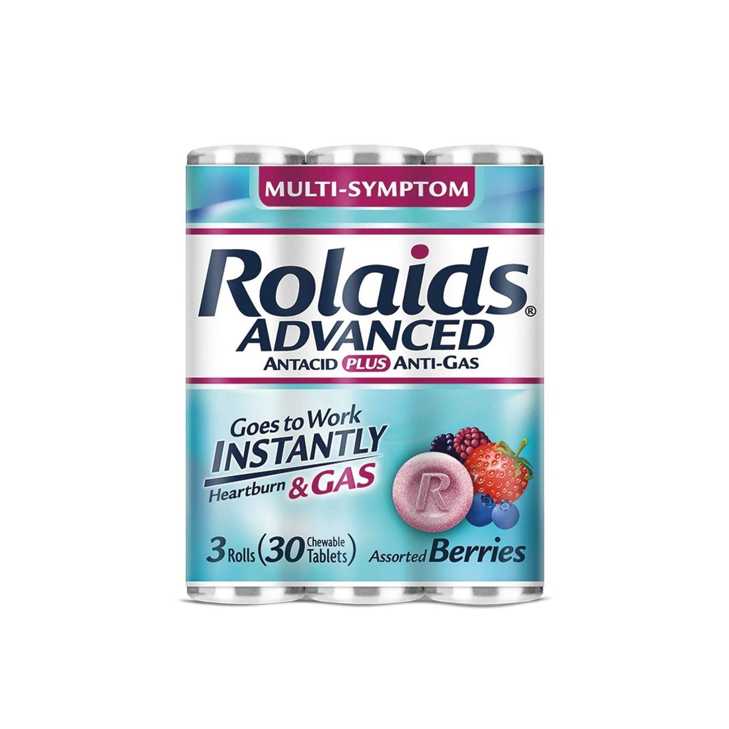 Rolaids Advanced chewable antacid tablets in 3x30 count package by Pasteur Pharmacy, for heartburn relief and indigestion relief.