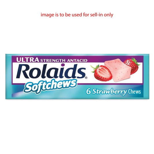 Rolaids Soft Chews antacid in strawberry flavor, personal care product with soft, chewy texture for relief of heartburn.