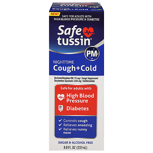 Safetussin Cough + Cold Nighttime liquid medication in 8 fl oz bottle, personal care product by Pasteur Pharmacy.