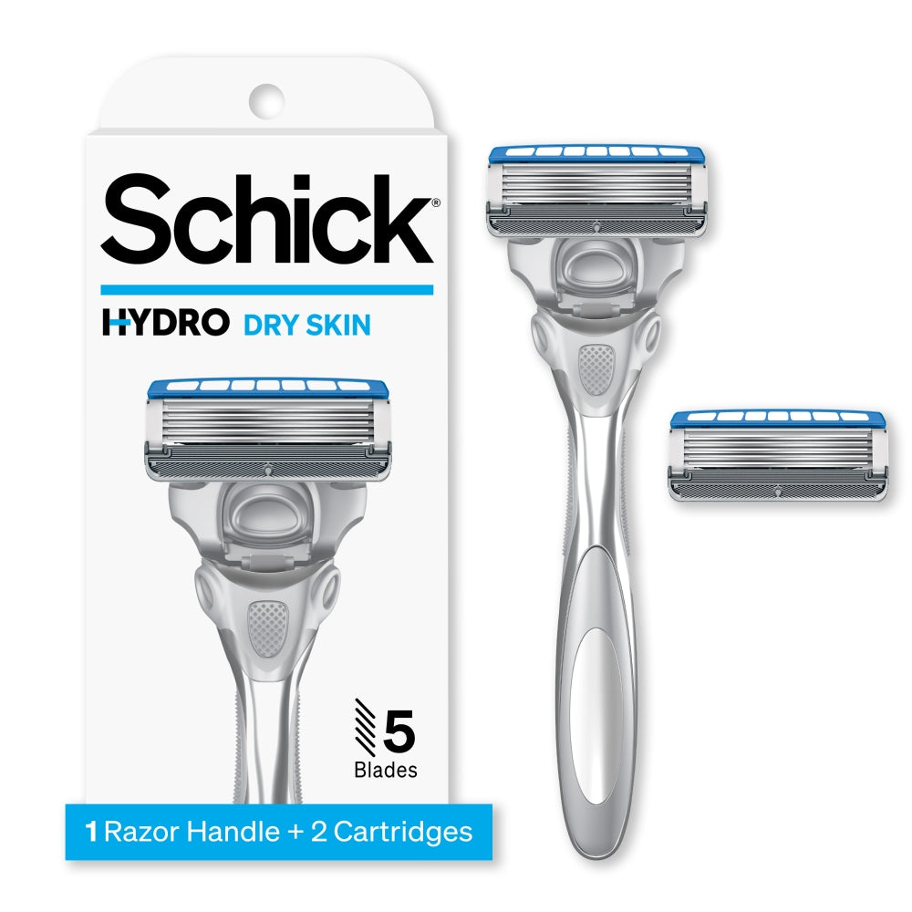 Schick Hydro Dry Skin 5-Blades Razor for personal care, featuring a sleek handle and five sharp blades for smooth shaving.