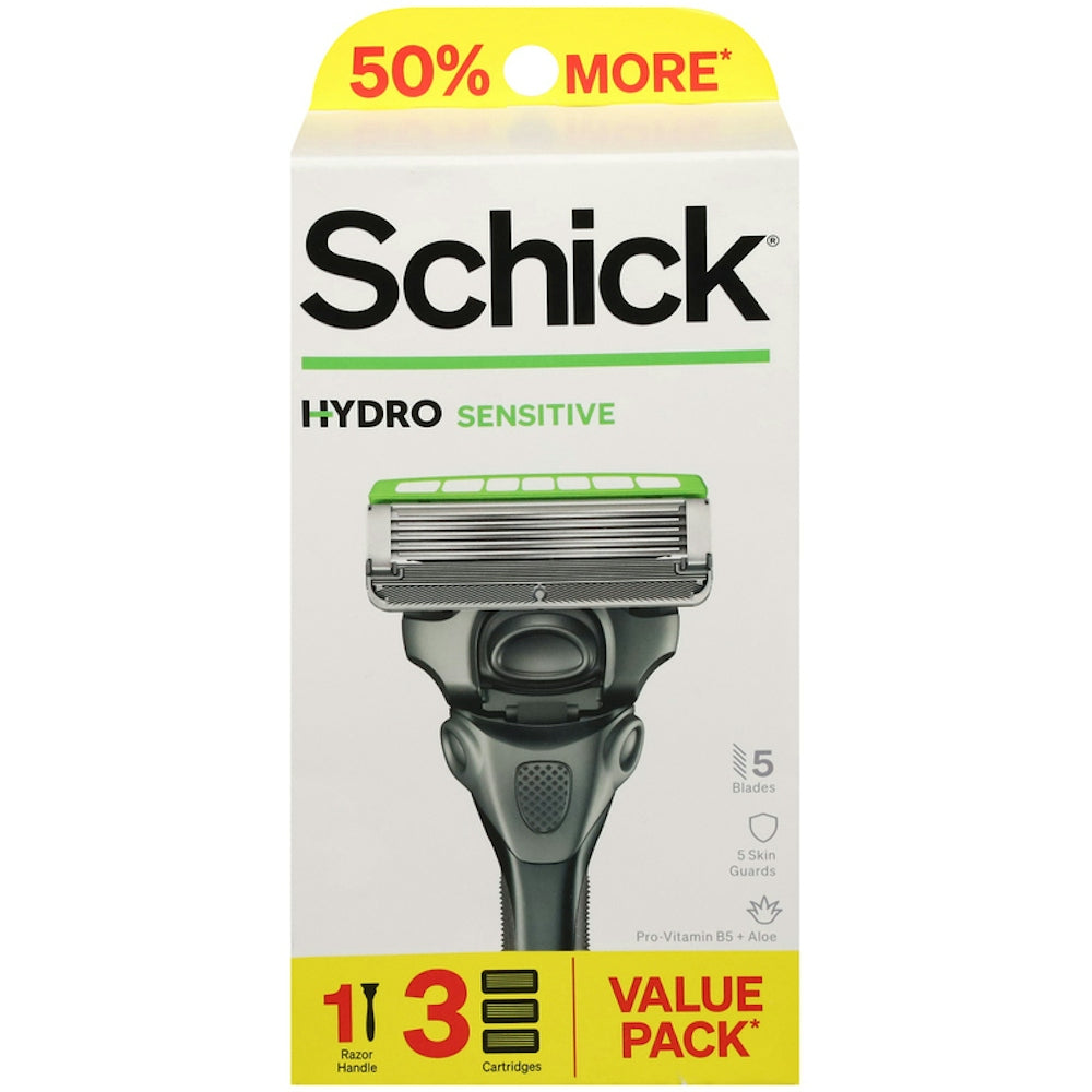 Schick Sensitive Hydro Razor in original packaging, designed for gentle shaving and sensitive skin care from Pasteur Pharmacy.