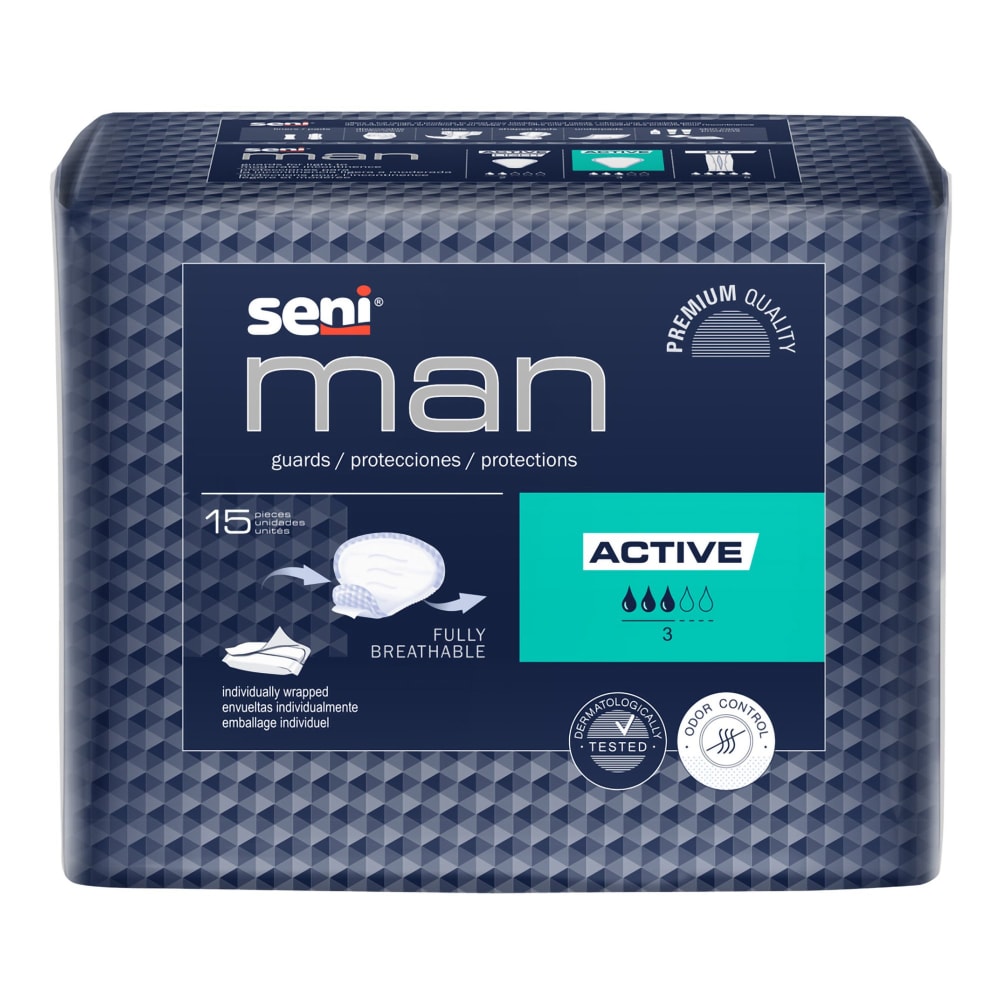 Seni Man Active Bladder Control Pad with moderate absorbency, 8-9/10 x 10-3/5 inches, designed for personal care and comfort.