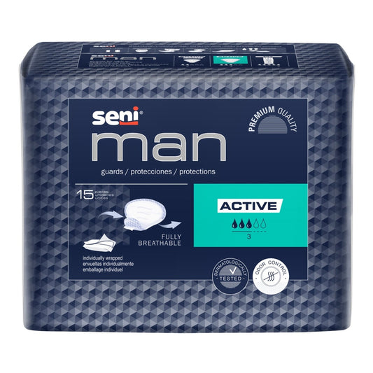 Seni Man Active Bladder Control Pad with moderate absorbency, 8-9/10 x 10-3/5 inches, designed for personal care and comfort.