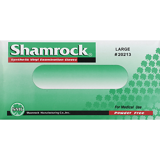 Large clear vinyl examination gloves by Shamrock 20213, powder-free, suitable for personal care and medical use.