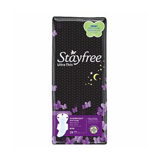 Stayfree Ultra Thin Overnight Pads with Wings, personal care product, showing absorbent pads with wings for overnight protection