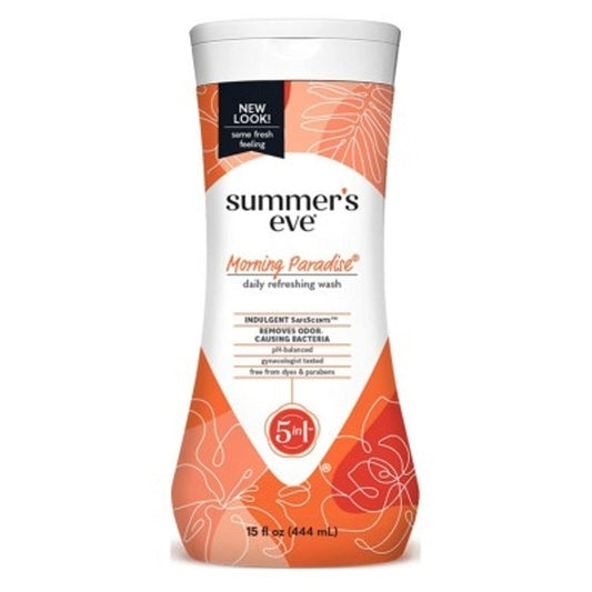 Summer's Eve Morning Paradise cleansing wash for sensitive skin, gentle personal care product with soft packaging and floral design.