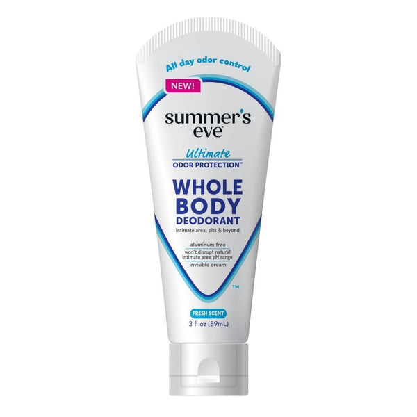 Summer's Eve Whole Body Deodorant cream by Pasteur Pharmacy, aluminum-free with fresh scent, 3 oz non-aerosol personal care product.