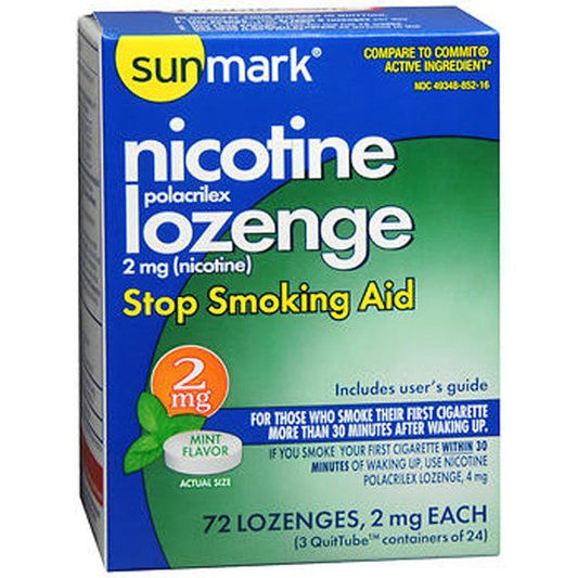 Sunmark Sm Nicot Loz Mint 2 Mg personal care lozenges in a package, designed for oral relief and freshening breath.