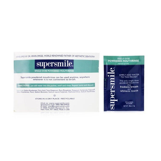 Supersmile single-dose powdered mouthrinse packet from Pasteur Pharmacy, alcohol and sugar-free personal care oral hygiene product